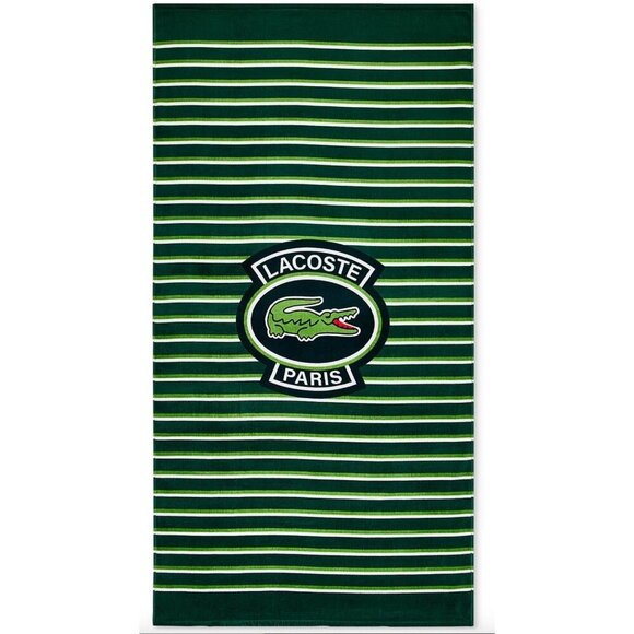 NIP Lacoste Paris Croc Logo Beach Towel Green Striped 36x72 Cotton Velour Pool - Picture 1 of 4